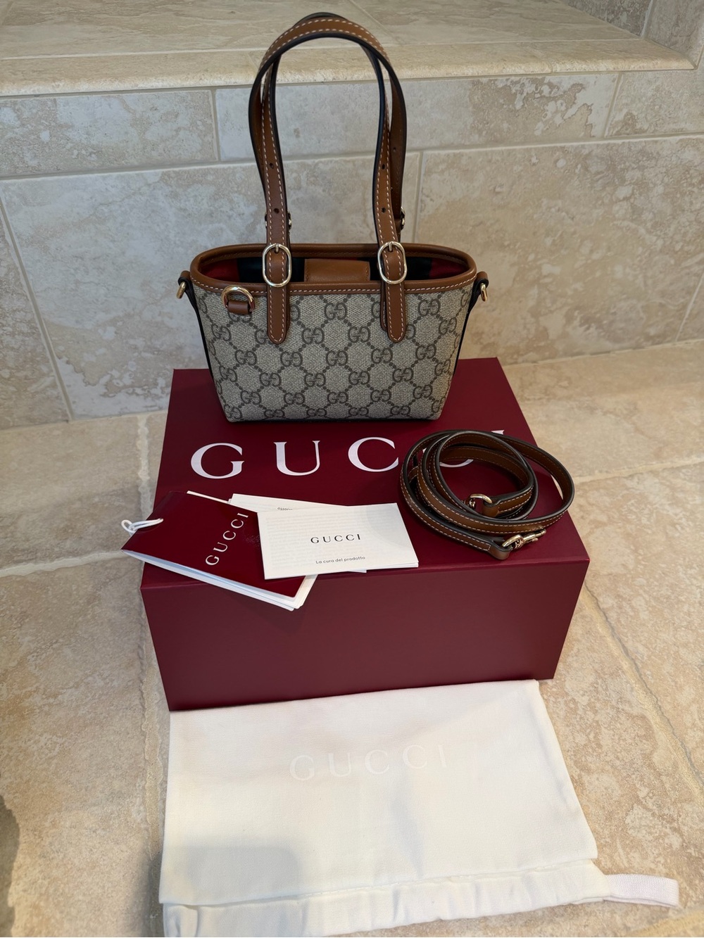 Gucci Beige GG Supreme with Brown Leather Mini Tote